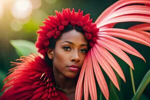 un' bellissimo donna con rosso fiori nel sua capelli. ai-generato foto