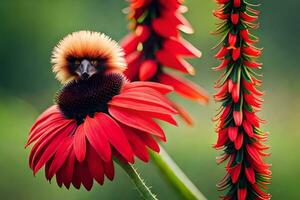 un' uccello è seduta su superiore di un' rosso fiore. ai-generato foto