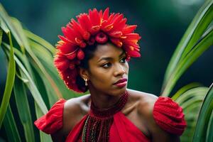 un' bellissimo donna nel un' rosso vestito con fiori nel sua capelli. ai-generato foto