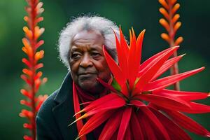 un più vecchio uomo Tenere un' rosso fiore nel il suo mano. ai-generato foto