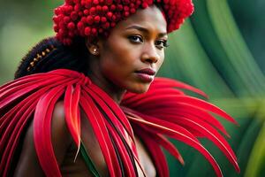 un' bellissimo donna con rosso piume su sua testa. ai-generato foto