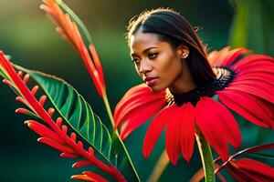 un' bellissimo donna è in posa nel davanti di un' rosso fiore. ai-generato foto