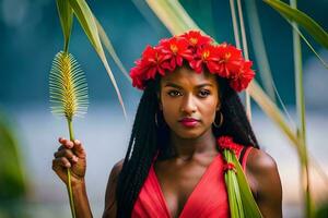 un' bellissimo donna nel un' rosso vestito Tenere un' palma foglia. ai-generato foto