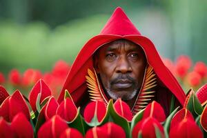 un' uomo indossare un' rosso incappucciato accappatoio è circondato di rosso tulipani. ai-generato foto