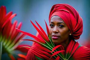 un' donna nel un' rosso turbante e rosso vestire. ai-generato foto