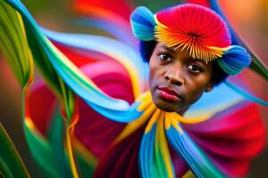 un' donna con colorato piume nel sua capelli. ai-generato foto