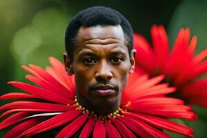 un' uomo con un' fiore nel il suo capelli. ai-generato foto