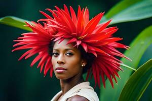 un' donna con un' rosso fiore copricapo. ai-generato foto