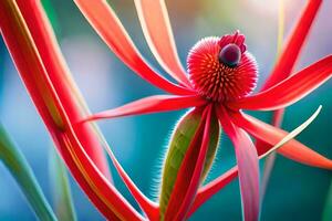 un' vicino su di un' rosso fiore con un' verde stelo. ai-generato foto