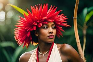 un' bellissimo donna con rosso fiori su sua testa. ai-generato foto