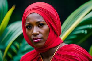 un' donna indossare un' rosso foulard e collana. ai-generato foto