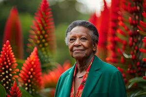 un più vecchio donna nel un' verde giacca e rosso cravatta sta nel davanti di rosso fiori. ai-generato foto
