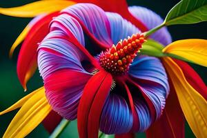 un' colorato fiore con rosso, giallo e blu petali. ai-generato foto