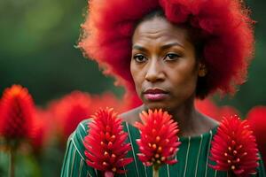 un' donna con rosso capelli e fiori. ai-generato foto