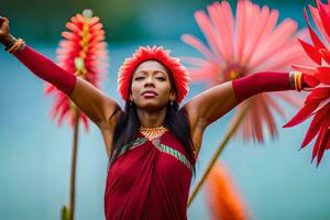 un' donna nel un' rosso vestito e fiore copricapo è in posa con sua braccia proteso. ai-generato foto