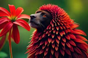 un' cane con un' fiore su suo testa. ai-generato foto