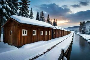 un' riga di di legno cabine nel il neve. ai-generato foto