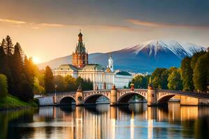 il città di Mosca, Russia, con un' ponte e montagne nel il sfondo. ai-generato foto