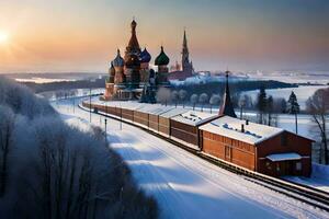un' treno in viaggio attraverso un' nevoso paesaggio con un' Chiesa nel il sfondo. ai-generato foto