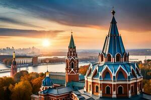 il sole imposta al di sopra di il città di Mosca. ai-generato foto