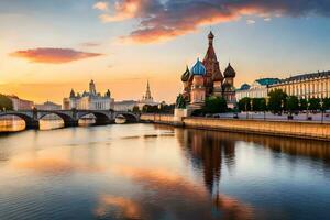il Cremlino e il Mosca fiume a tramonto. ai-generato foto