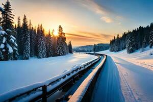 inverno paesaggio con un' strada e neve coperto alberi. ai-generato foto