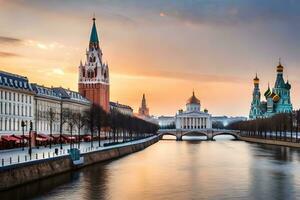 Mosca, Russia, Cremlino, creml fiume, tramonto, tramonto al di sopra di mos. ai-generato foto