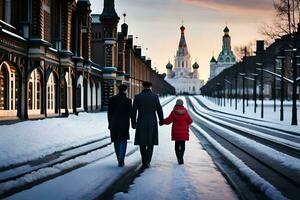 un' famiglia a piedi giù un' nevoso strada nel davanti di un' Chiesa. ai-generato foto