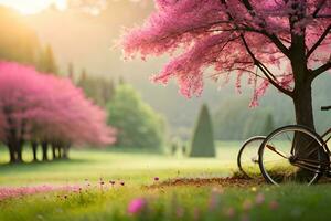 un' bicicletta è parcheggiata sotto un' albero con rosa fiori. ai-generato foto