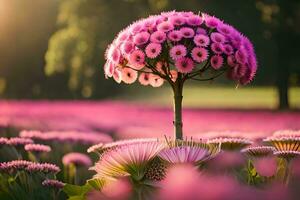 un' albero con rosa fiori nel il mezzo di un' campo. ai-generato foto