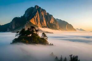 un' montagna con alberi e nebbia nel il cielo. ai-generato foto