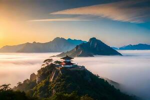 un' pagoda si siede su superiore di un' montagna con nebbia nel il sfondo. ai-generato foto