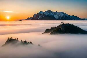 un' bellissimo Alba al di sopra di il nuvole nel il montagne. ai-generato foto