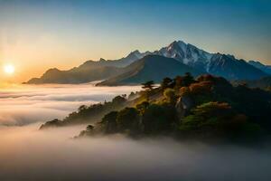 il sole sorge al di sopra di il montagne e nebbia. ai-generato foto