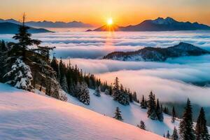 Alba al di sopra di il nuvole nel il montagne. ai-generato foto