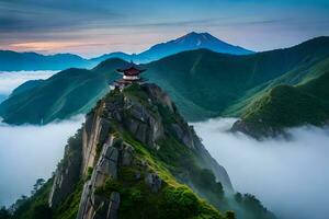 un' pagoda si siede su superiore di un' montagna nel il nuvole. ai-generato foto