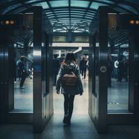 donna mano inserzione un' la metropolitana biglietto per accedere un' metropolitana stazione. la metropolitana biglietto per pubblico trasporto nel il città. ai generato foto