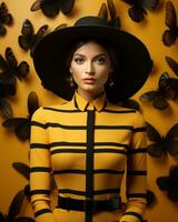 un' vivace donna indossare un' luminosa giallo camicia e un' elegante nero cappello sta su nel un' camera pieno di giocattoli, radiante un' grassetto senso di moda, ai generativo foto