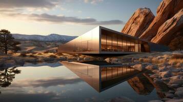 un' edificio con un' bicchiere parete e un' roccia nel il sfondo, ai generativo foto