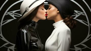 Due donne nel alla moda vestiario, ornato con cappelli e rossetto, abbraccio nel un' appassionato bacio, mostrando il bellezza di amore e accettazione, ai generativo foto
