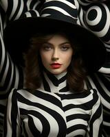 un' donna nel un' con stile a strisce vestito e cappello sta con fiducia, incarnando il spirito di un' audace fashionista e portando per vita il vivace bellezza di il ispirato alla zebra insieme, ai generativo foto