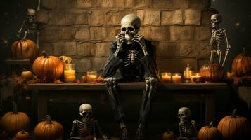su Halloween notte, un' scheletro si siede tra tremolante candele e un Vettore di autunnale la verdura, illuminato di il caldo splendore di zucche e schiacciare, ai generativo foto