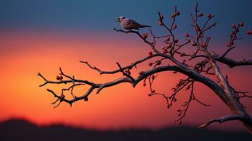 un' tramonto cielo bagnata nel un' morbido, d'oro leggero crea un' maestoso fondale per un' uccello arroccato su un' fragile ramoscello di un' albero, la creazione di un' sbalorditivo ritratto di della natura bellezza, ai generativo foto