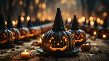 su Halloween notte, un' allegro jack-o-lanterna illuminato di tremolante candele si siede in cima un' tavolo, radiante calore e diletto nel suo vivace calabaza tinta, ai generativo foto