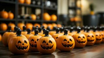 un' malizioso raccolta di zucche, loro lavorato jack-o-lanterna facce raggiante nel il debolmente illuminato camera, fare un cenno il Halloween festaioli per aderire nel il Dolcetto o scherzetto divertimento, ai generativo foto