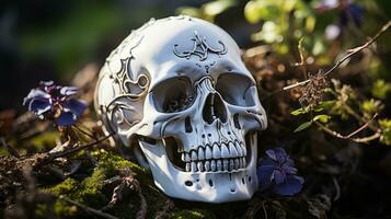 un' selvaggio, all'aperto scena di un' cranio ornato con vivace fiori e impianti rivela un' travolgente giustapposizione fra vita e Morte, ai generativo foto