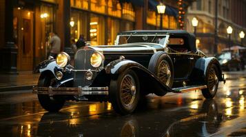 su un' bagnato e buio notte, un' elegante nero auto lentamente lanciato giù il vuoto strada, suo pneumatici in partenza un' pista di leggero e mistero nel suo veglia, ai generativo foto