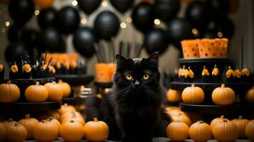 un' nero gatto seduta su un' tavolo con zucche e nero palloncini, ai generativo foto