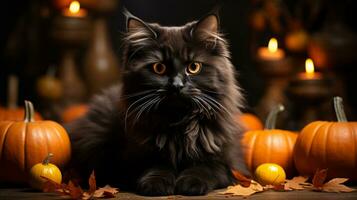 un' malizioso gatto salotti nel il caldo splendore di un' tremolante a forma di zucca Halloween candela, circondato di colorato la verdura, invitante suo spettatore per un' accogliente interno sera, ai generativo foto