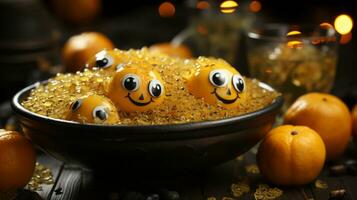 Questo giocoso ciotola di arance con finto occhi crea un' capriccioso Halloween atmosfera, portando il calore e comfort di interno attività e di stagione cibo per vita, ai generativo foto